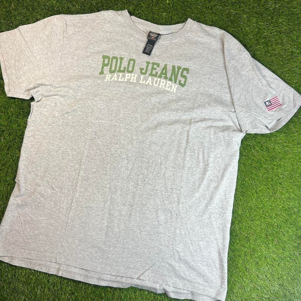 Polo Jeans Ralph Lauren Spell Out Logo T Shirt Gray Flag Sleeve Mens XL Tee